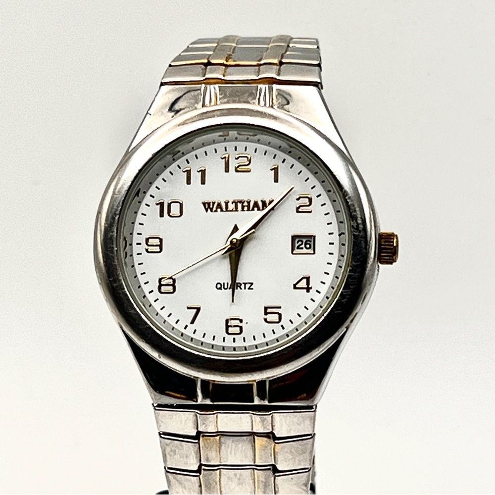 Waltham Mens Watch White Dial Two Tone Stretch Bracelet Date Window New Battery
